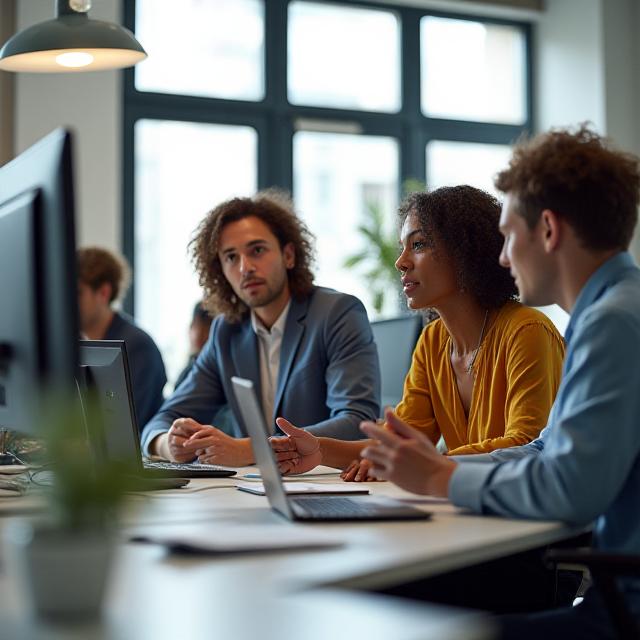 現代的なオフィスで対話する多様なチーム