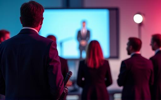 メディア向けにプレゼンテーションを行う広報担当者